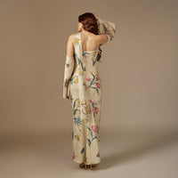 Beige Satin Jacquard Whimsical Blooms Dress - Noētic