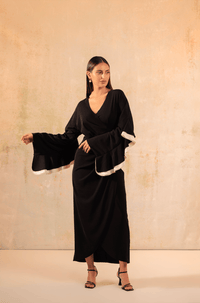 Black and White Wrap Crepe with Ruffled Sleeve Dress - Noētic