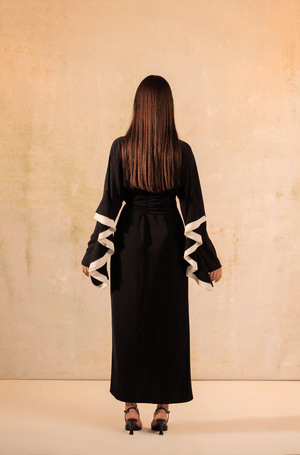 Black and White Wrap Crepe with Ruffled Sleeve Dress - Noētic