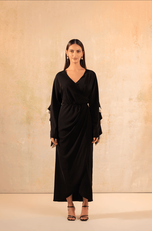 Black and White Wrap Crepe with Ruffled Sleeve Dress - Noētic
