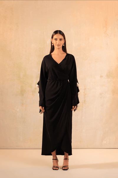 Black and White Wrap Crepe with Ruffled Sleeve Dress - Noētic