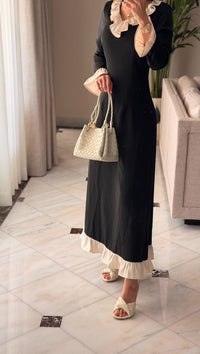 Black Contrast Ruffle Maxi Dress with Ivory Trim - Noētic