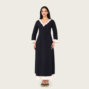 Black Contrast Ruffle Maxi Dress with Ivory Trim - Noētic