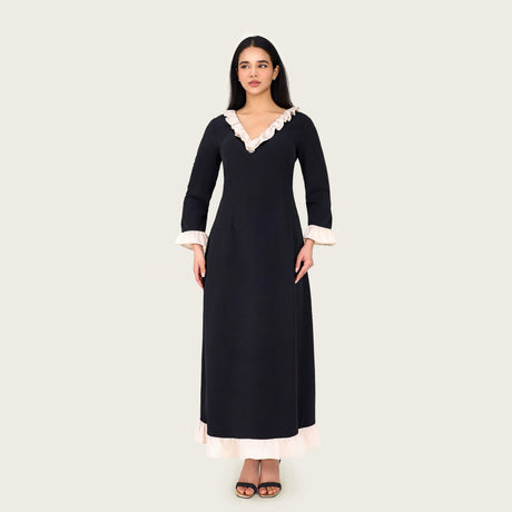 Black Contrast Ruffle Maxi Dress with Ivory Trim - Noētic