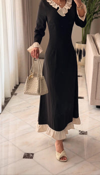 Black Contrast Ruffle Maxi Dress with Ivory Trim - Noētic