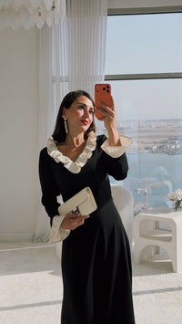 Black Contrast Ruffle Maxi Dress with Ivory Trim - Noētic