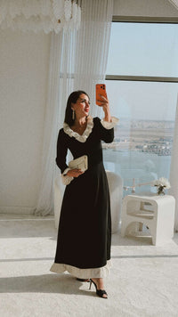 Black Contrast Ruffle Maxi Dress with Ivory Trim - Noētic