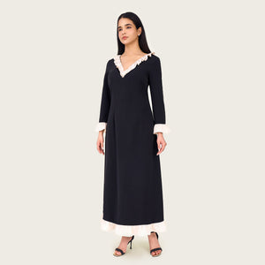Black Contrast Ruffle Maxi Dress with Ivory Trim - Noētic