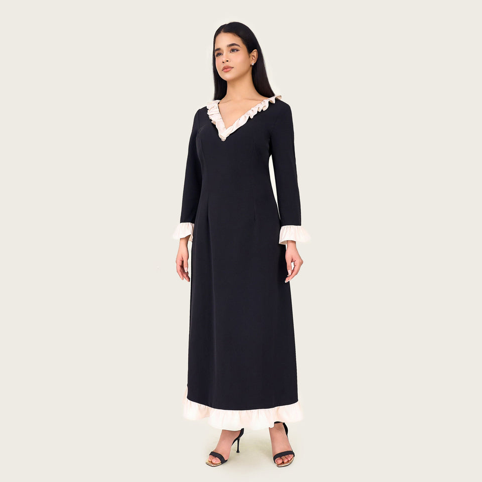 Black Contrast Ruffle Maxi Dress with Ivory Trim - Noētic