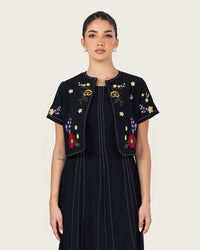 Black Embroidered Ankle Length Dress with Cropped Jacket - Noētic