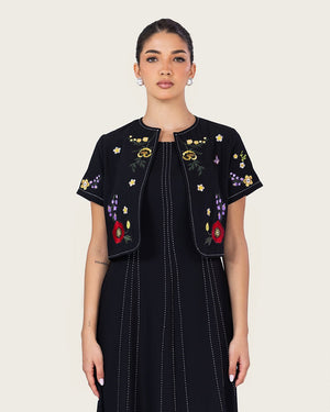 Black Embroidered Ankle Length Dress with Cropped Jacket - Noētic
