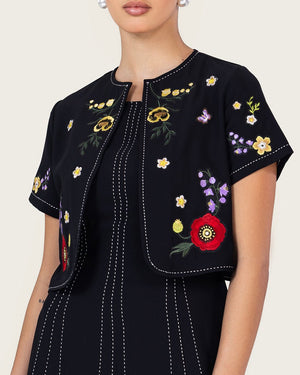 Black Embroidered Ankle Length Dress with Cropped Jacket - Noētic