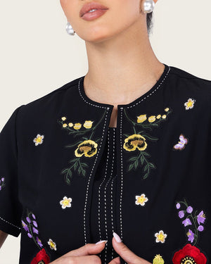 Black Embroidered Ankle Length Dress with Cropped Jacket - Noētic