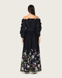 Black Floral Blend Off-Shoulder Maxi Dress with Waist Tie - Noētic