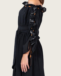 Black Floral Blend Off-Shoulder Maxi Dress with Waist Tie - Noētic