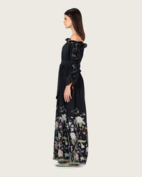 Black Floral Blend Off-Shoulder Maxi Dress with Waist Tie - Noētic