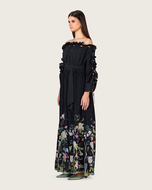 Black Floral Blend Off-Shoulder Maxi Dress with Waist Tie - Noētic