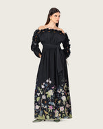 Black Floral Blend Off-Shoulder Maxi Dress with Waist Tie - Noētic