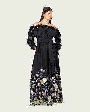 Black Floral Blend Off-Shoulder Maxi Dress with Waist Tie - Noētic