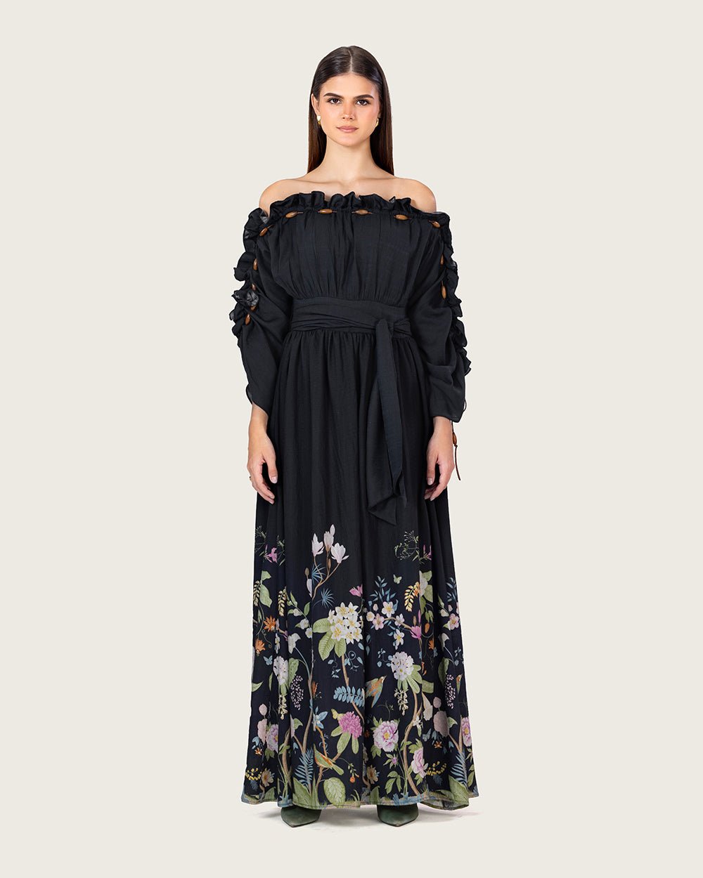 Black Floral Blend Off-Shoulder Maxi Dress with Waist Tie - Noētic