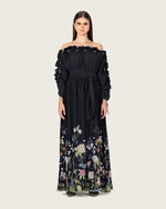 Black Floral Blend Off-Shoulder Maxi Dress with Waist Tie - Noētic