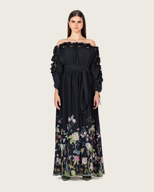 Black Floral Blend Off-Shoulder Maxi Dress with Waist Tie - Noētic