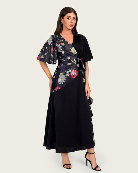 Black Floral Crepe & Satin Wrap Dress with Side Tie - Noētic