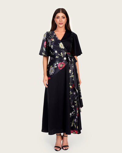 Black Floral Crepe & Satin Wrap Dress with Side Tie - Noētic