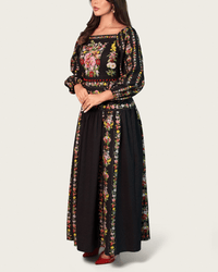 Black Floral Linen Dress with Hand-Beaded Waist - Noētic