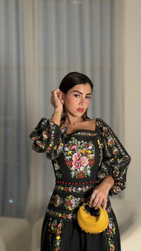 Black Floral Linen Dress with Hand-Beaded Waist - Noētic