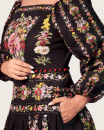 Black Floral Linen Dress with Hand-Beaded Waist - Noētic