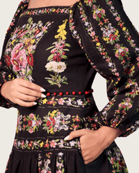 Black Floral Linen Dress with Hand-Beaded Waist - Noētic