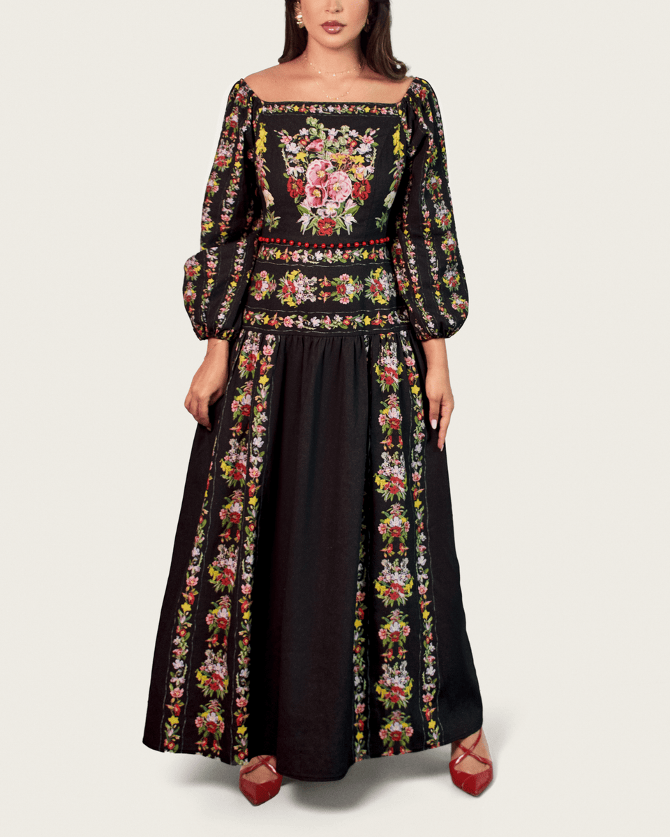Black Floral Linen Dress with Hand-Beaded Waist - Noētic