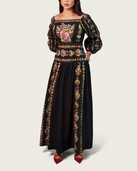 Black Floral Linen Dress with Hand-Beaded Waist - Noētic