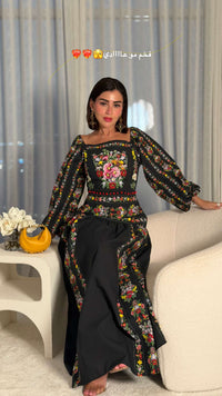 Black Floral Linen Dress with Hand-Beaded Waist - Noētic