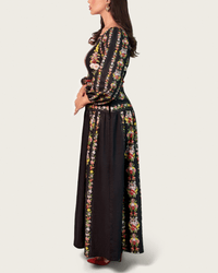 Black Floral Linen Dress with Hand-Beaded Waist - Noētic