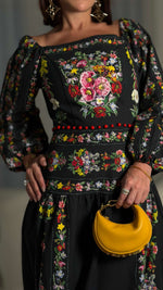 Black Floral Linen Dress with Hand-Beaded Waist - Noētic