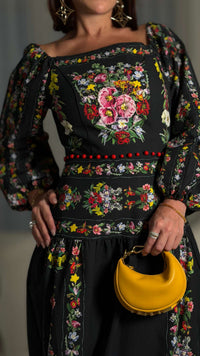 Black Floral Linen Dress with Hand-Beaded Waist - Noētic