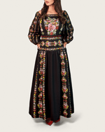 Black Floral Linen Dress with Hand-Beaded Waist - Noētic