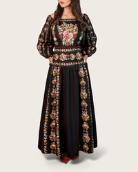 Black Floral Linen Dress with Hand-Beaded Waist - Noētic