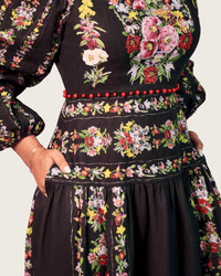 Black Floral Linen Dress with Hand-Beaded Waist - Noētic