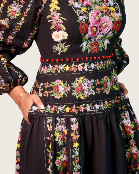 Black Floral Linen Dress with Hand-Beaded Waist - Noētic