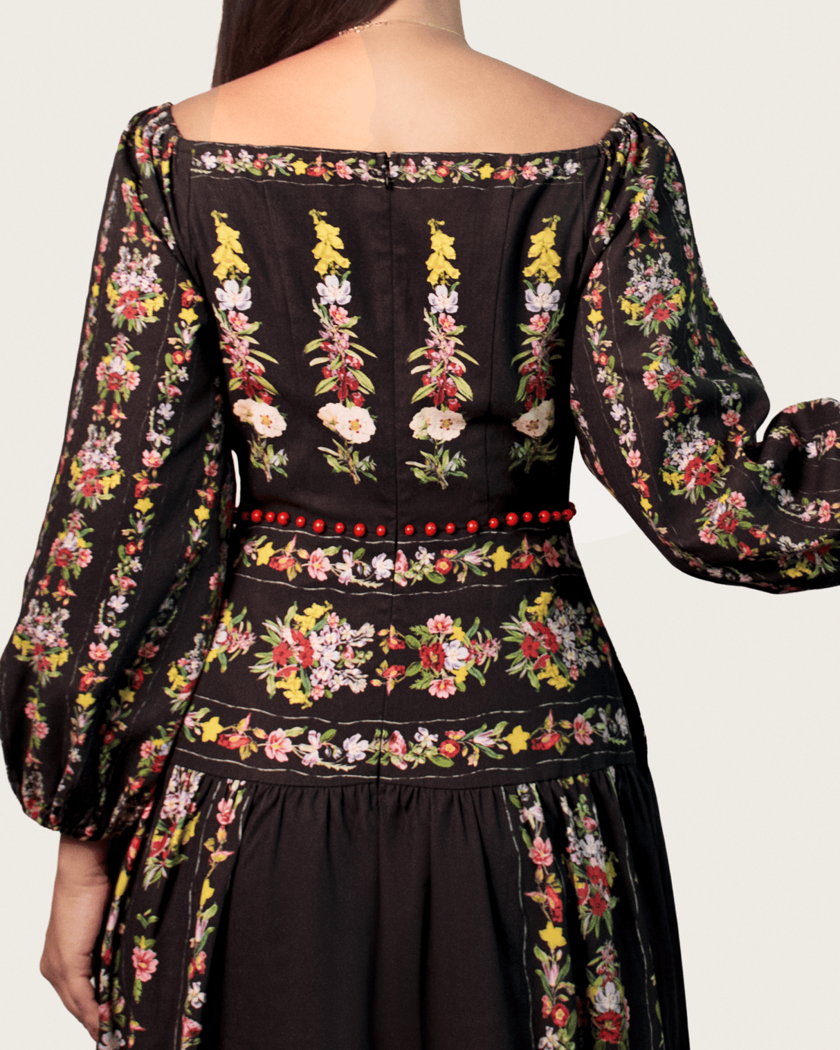 Black Floral Linen Dress with Hand-Beaded Waist - Noētic