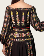 Black Floral Linen Dress with Hand-Beaded Waist - Noētic