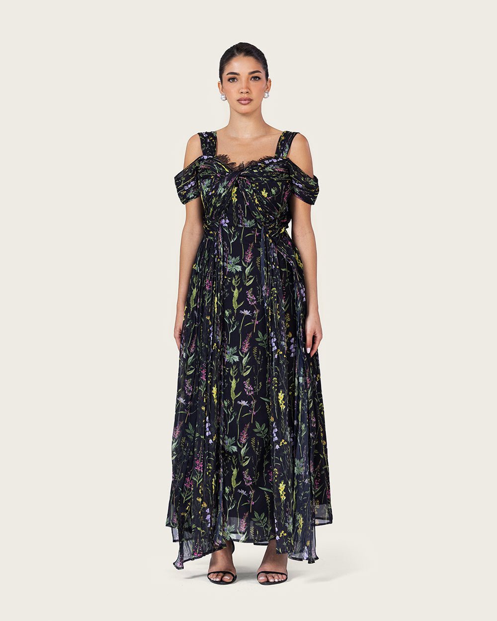 Black Floral Maxi Dress with Off-Shoulder Detail - Noētic