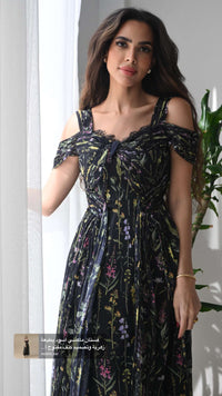 Black Floral Maxi Dress with Off-Shoulder Detail - Noētic
