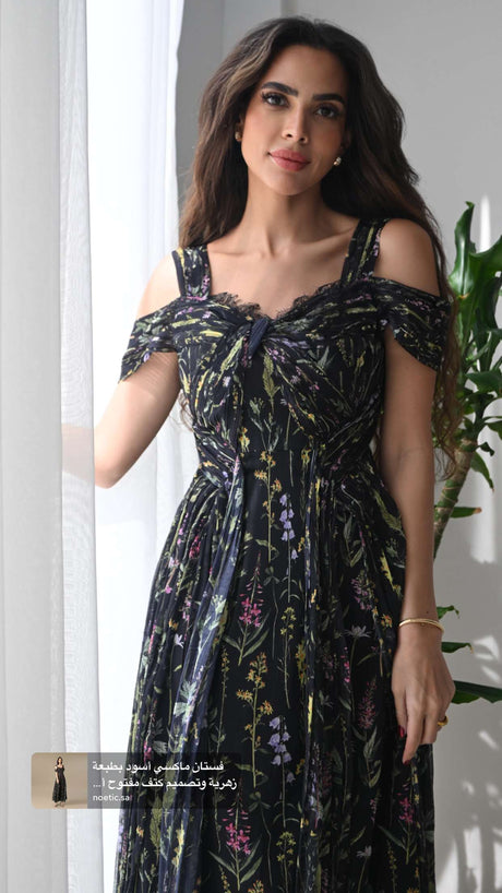 Black Floral Maxi Dress with Off-Shoulder Detail - Noētic