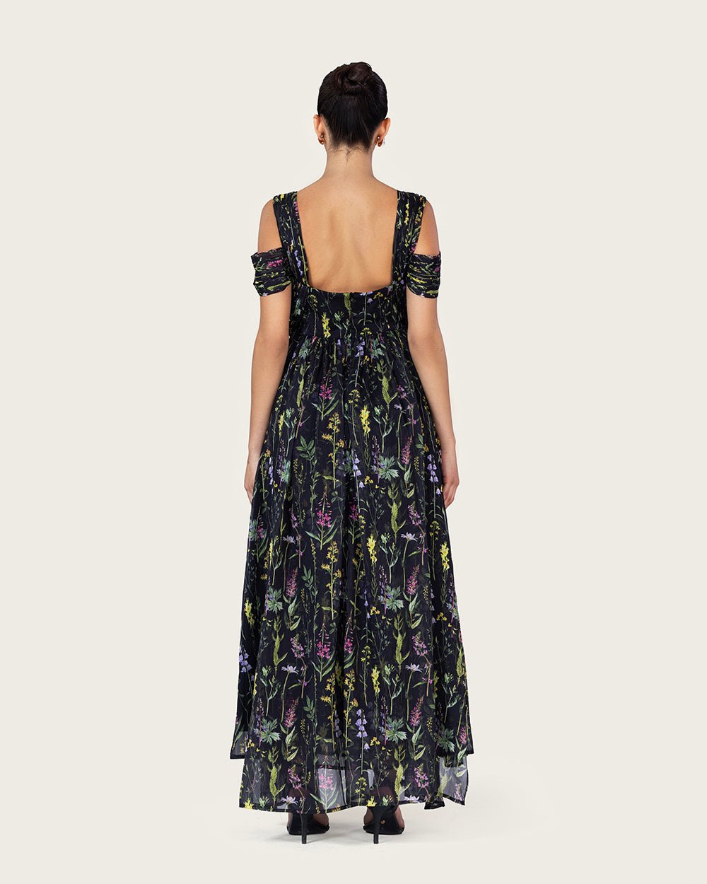 Black Floral Maxi Dress with Off-Shoulder Detail - Noētic