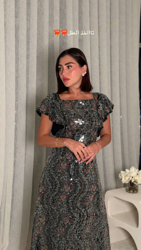 Black Floral Sequin Maxi Dress with Flutter Sleeves - Noētic