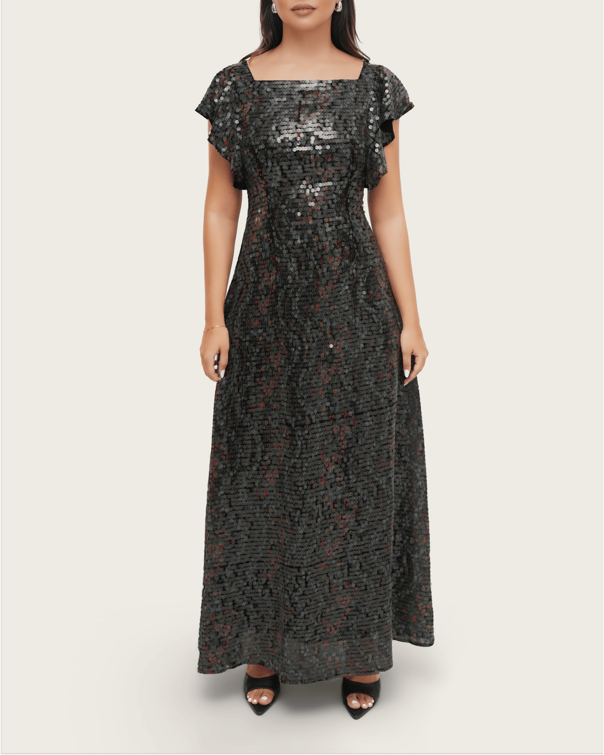 Black Floral Sequin Maxi Dress with Flutter Sleeves - Noētic